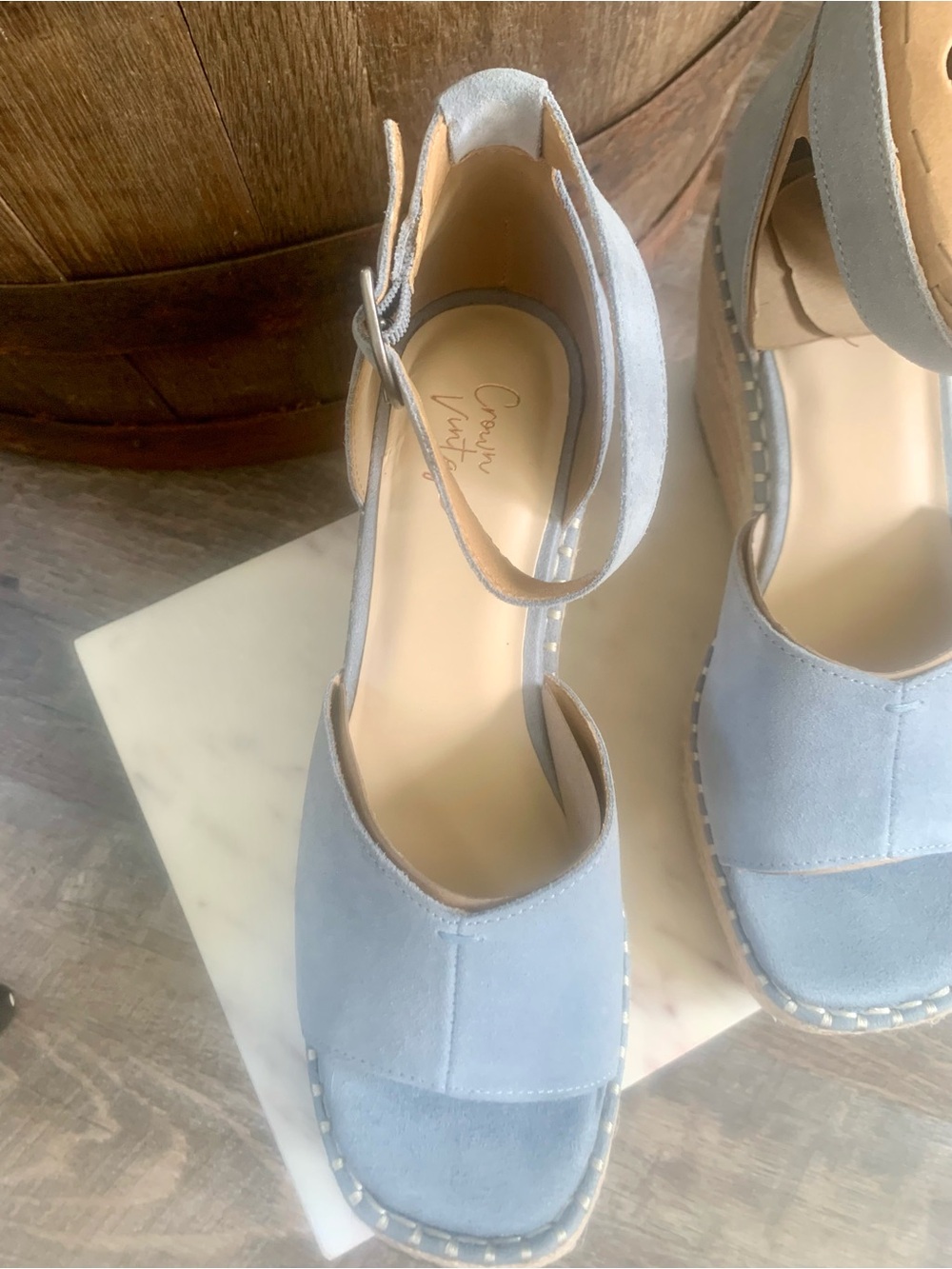 Light Blue Suede Women's Ankle-Strap Wedge Platform Sandals - Picture 2 of 8